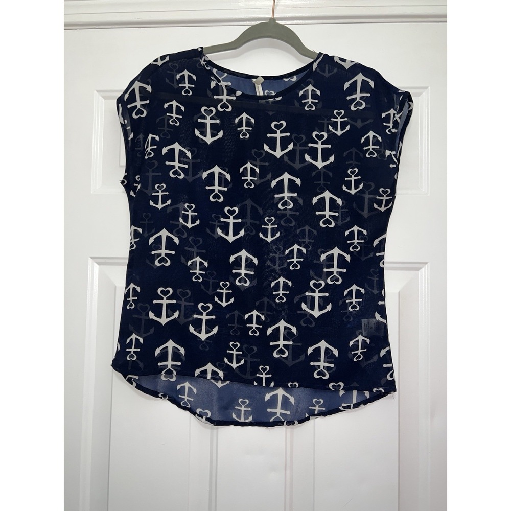 Womens Small Live 4 Truth Anchor Nautical Boat Heart Sheer Blouse Navy Blue‎